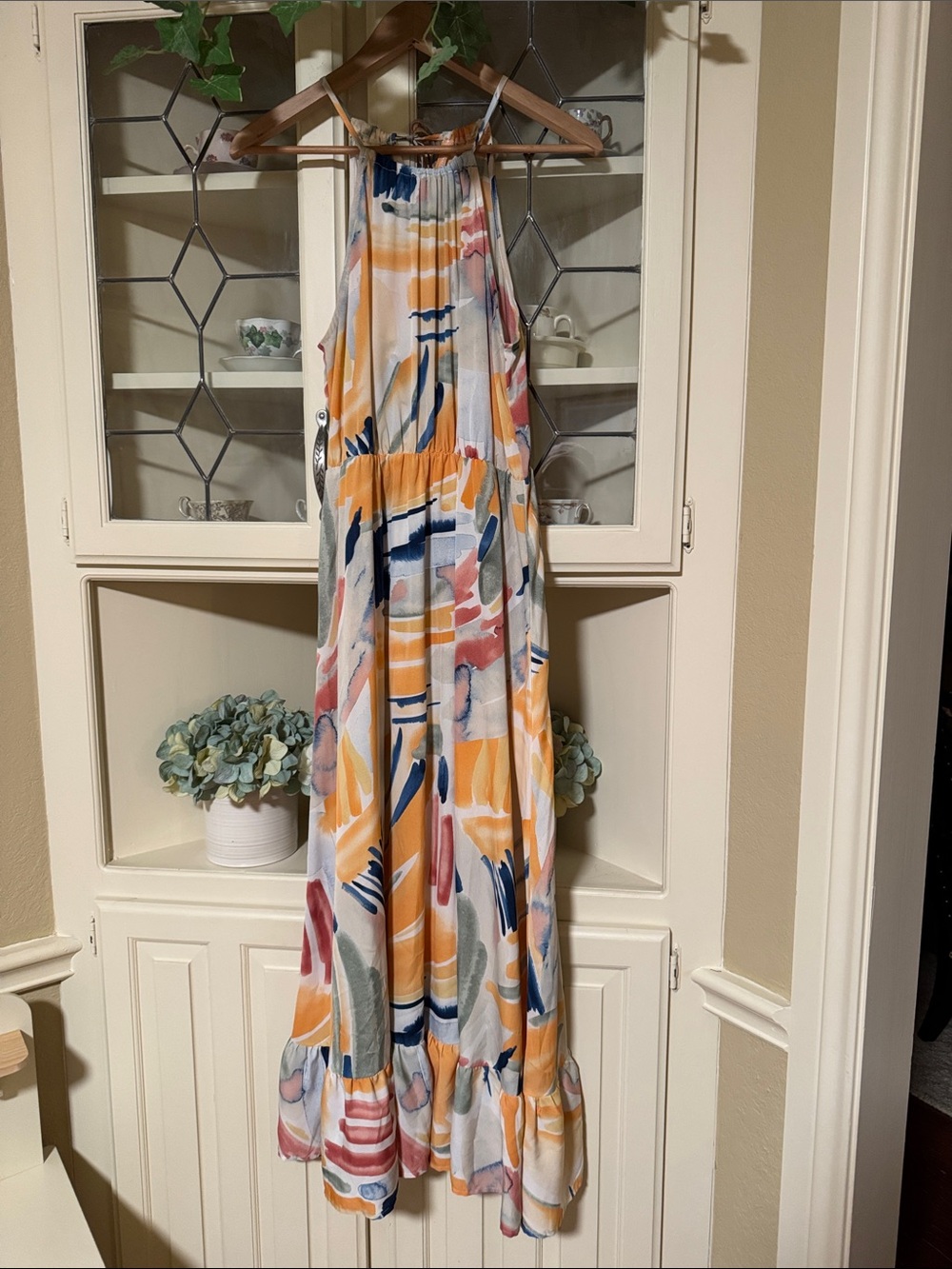 SHEIN Yellow Navy Pink Abstract Halter Maxi Dress